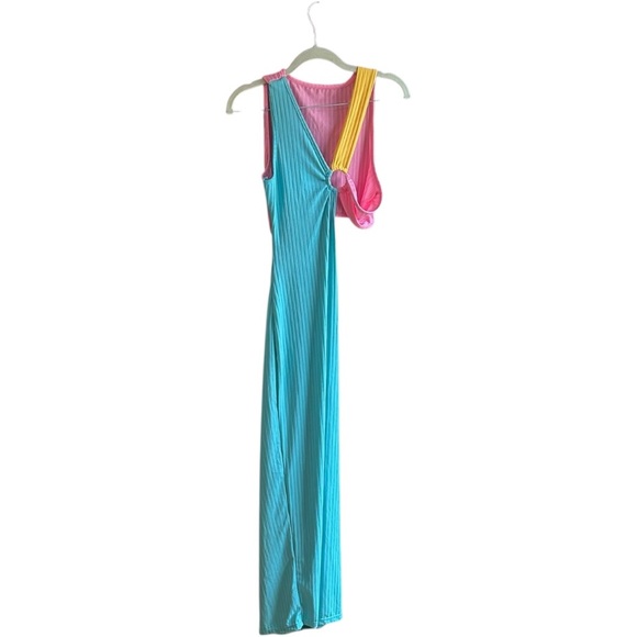 no brand Dresses & Skirts - Women's blue yellow pink sleeveless ribbed cotton polyester cutout maxi dress